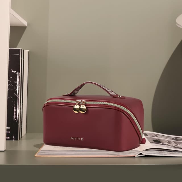 Detalle 2 de Prite Große Kapazität Kosmetiktasche (PU-Leder, dunkelrot) mit transparenter Trenn-Einlage