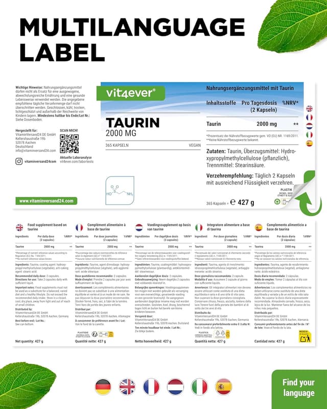 Detalle de vit4ever Taurin 365 Kapseln – 2000 mg Tagesdosis (2 Kapseln), vegan