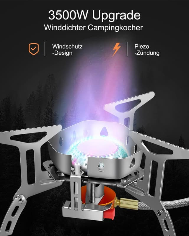 Detalle de AUTOPkio Campingkocher 3500 W – winddichter Gaskocher mit Piezozündung, faltbar