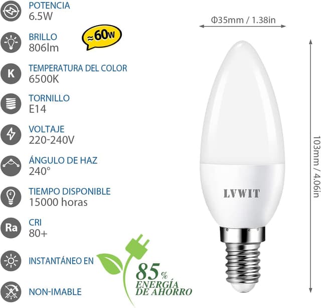 Detalle 2 de LVWIT Pack 6 Bombillas LED Vela E14 💡 40W equivalente, 6500K