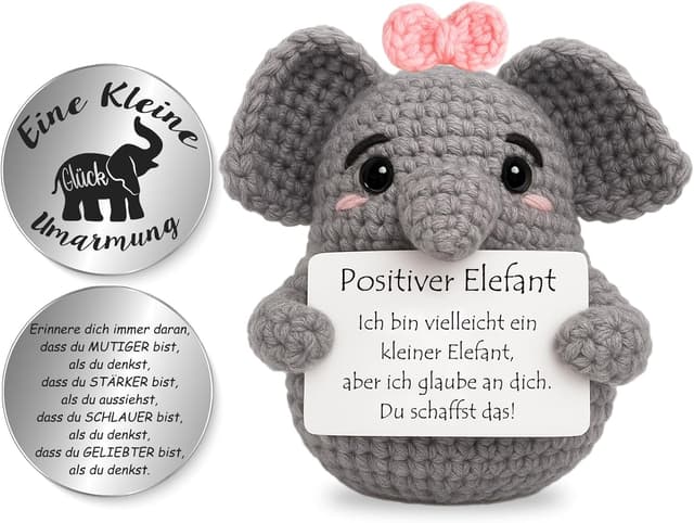 Detalle de Tixlux Pocket Hug Positiver Elefant – Strickfigur mit Glücksbringer-TonToken als Mutmacher-Geschenk (Rosa)