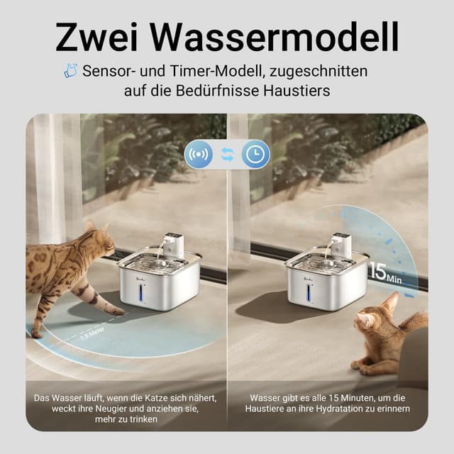 Detalle de DownyPaws Katzenbrunnen Edelstahl kabellos mit Bewegungsmelder und Akku (Elfenbeinweiß)