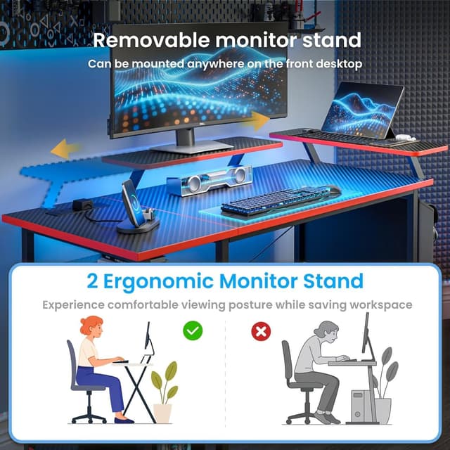 Detalle 2 de DOMSHOCT gaming desk with LED lights, power outlets and reversible layout (100×50cm, carbon fibre black)