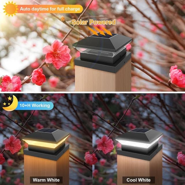 Detalle de T-SUNUS 4 Pack Solar Post Lights (Warm 3000K / Cool 6000K) IP65 Outdoor LED Fence & Deck Cap Lights