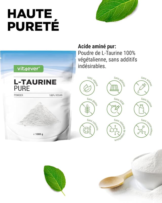 Detalle de Poudre de taurine L-Taurine 99% végétalienne – 1000 g (1 kg), dosage 2500 mg par portion