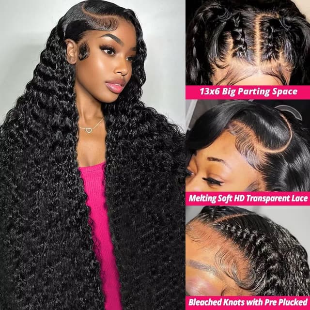 Detalle 2 de 32 Inch 13x6 HD Lace Front Human Hair Wig (Glueless) – Brazilian Curly Deep Wave, 210% Density
