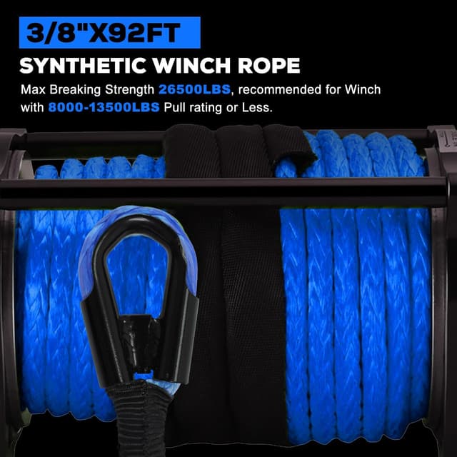 Detalle de Synthetic Winch Rope Kit (3/8" x 92ft) w/ 26,500LBS Break Strength, Blue Rope + Protective Sleeve