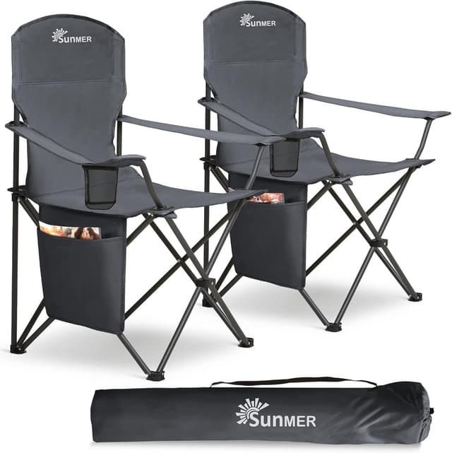 Detalle de SUNMER Folding Camping Chairs (Set of 2) – Extra-Wide Lightweight Outdoor Chairs with Armrests, Cup Holder & Side Pocket – Dark Grey