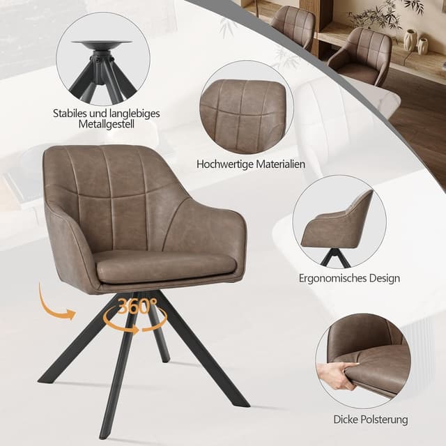 Detalle 2 de Goeurvant drehbare Esszimmerstühle mit Armlehne (6er-Set) in Dunkelbraun