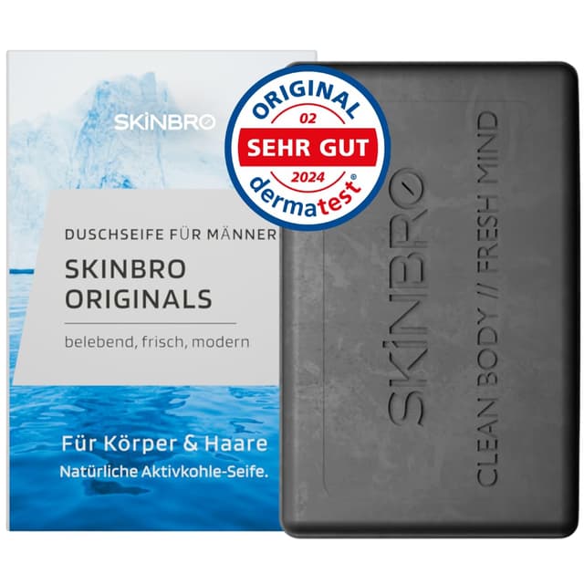 Detalle de SKINBRO Originals Festes Duschgel für Männer mit Aktivkohle (100 g) – vegan, silikonfrei, Made in Germany