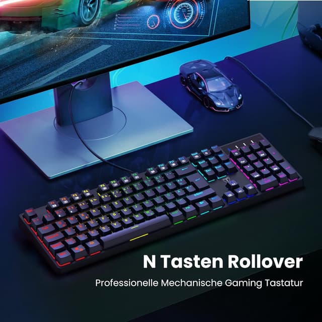 Detalle de Mechanische Gaming-Tastatur QWERTZ mit RGB und Blue Switches (104 Tasten) – USB-kabelgebunden, NKRO, wassergeschützt