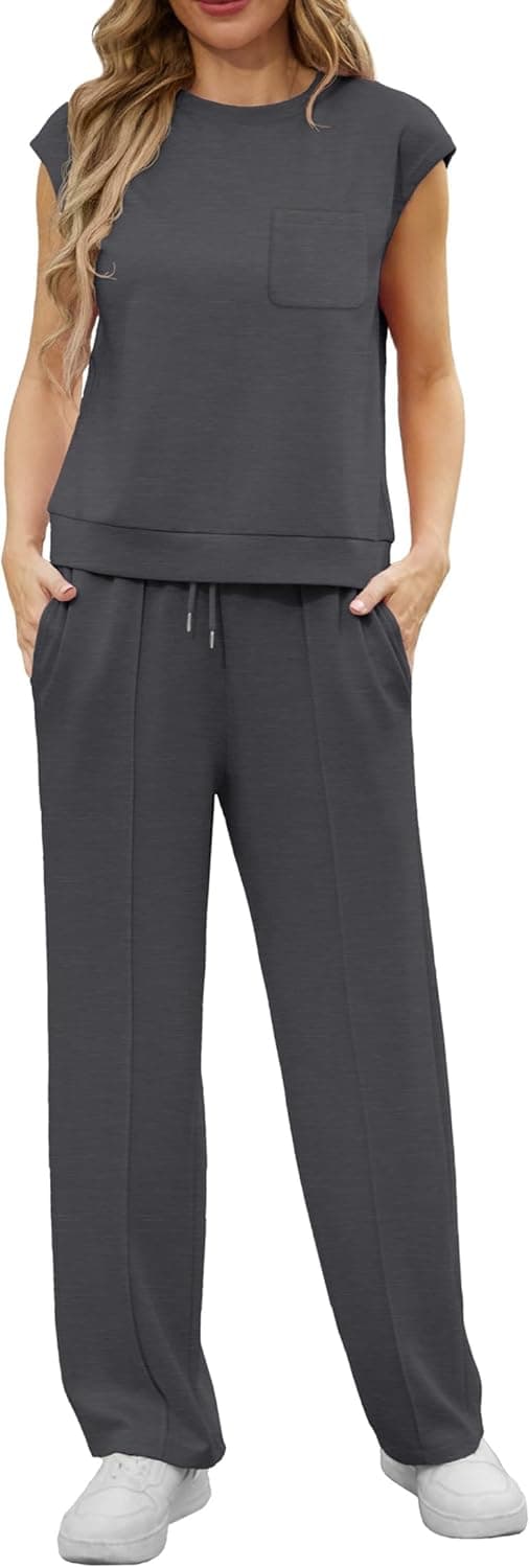Detalle de GRECERELLE two-piece summer lounge set for women: crew neck cap sleeve top and pocket joggers