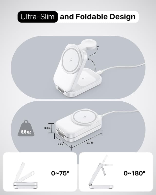 Detalle de 3-in-1 Foldable Magnetic Wireless Charging Station for Apple (15W MagSafe) — for iPhone, Apple Watch & AirPods