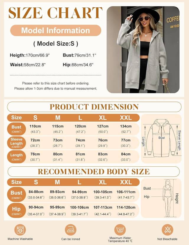 Detalle de Vancavoo Damen Sweatjacke mit Kapuze, langer Reißverschluss-Hoodie für Frühling & Herbst