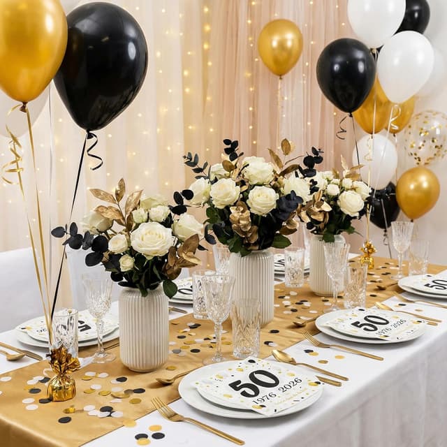 Detalle de 50 Stück Servietten zum 50. Geburtstag – Schwarz/Gold Deko 1976–2026 mit „Schön dass du da bist“