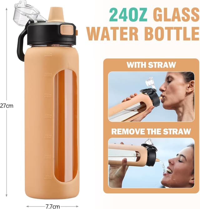 Detalle de BLUEGO 700 ml Bouteille d’eau en verre avec poignée, paille et manchon en silicone – marqueur de temps anti-fuite