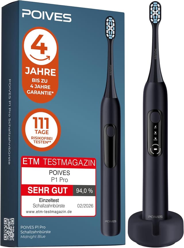 Detalle de POIVES P1 Pro Schallzahnbürste Midnight Blue – Drucksensor, 3 Modi, bis zu 110 Tage Akkulaufzeit