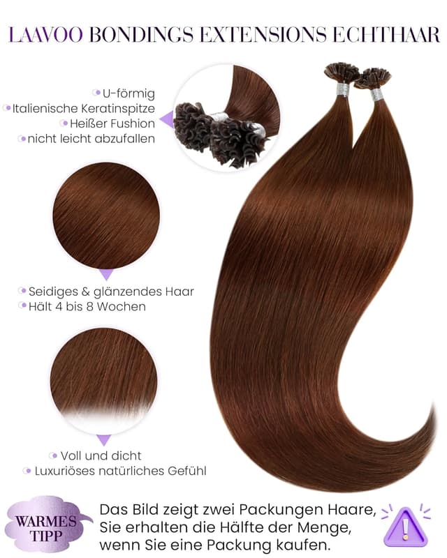 Detalle de LaaVoo Bonding Extensions aus Echthaar mit Keratin, Rotbraun (Pre-Bonded #33), 35 cm