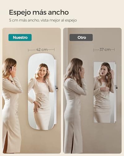 Detalle de SONGMICS JJC026W01: armario para joyas de pared con espejo, luz LED y cerradura