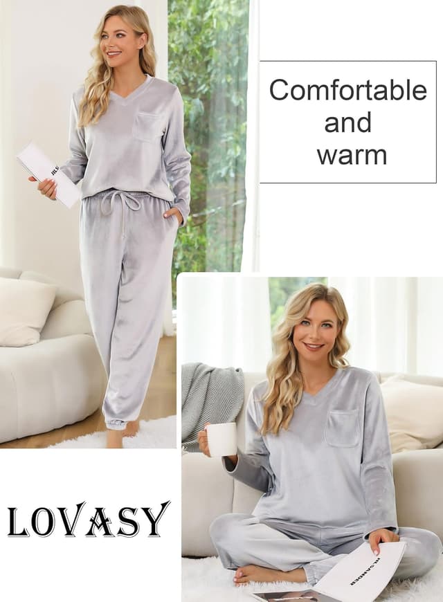Detalle de Lovasy Women’s Fleece Pyjamas Set with Pockets – warm, fluffy two-piece loungewear for winter