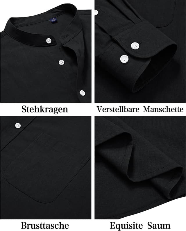 Detalle 2 de J.VER Leinenhemd Herren Langarm Stehkragen mit Tasche – Regular Fit für Sommer & Freizeit