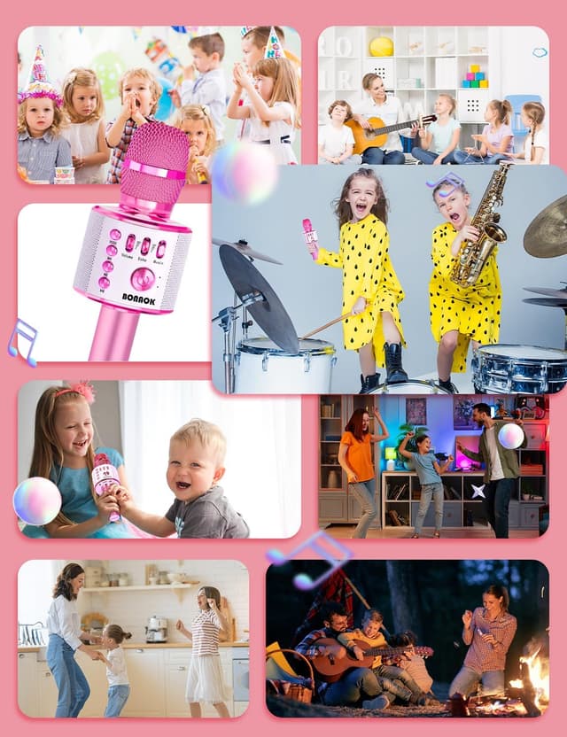 Detalle de BONAOK Karaoke-Mikrofon 3-in-1: kabelloses Bluetooth-Mikrofon mit Lautsprecher (Hellrosa)