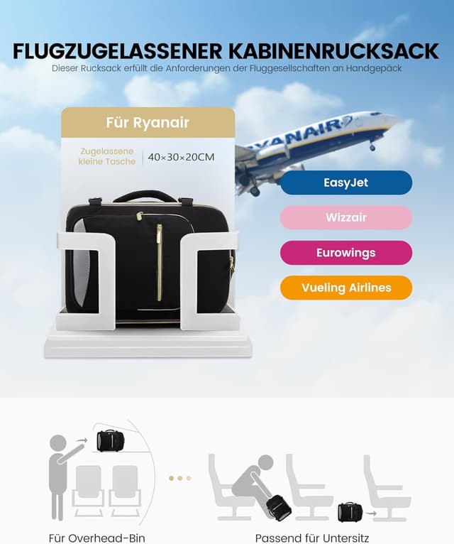 Detalle de LOVEVOOK Ryanair Handgepäck 40x30x20 Rucksack als Cabin Bag (Laptopfach bis 13,3 Zoll) – Eurowings/Wizz & mehr