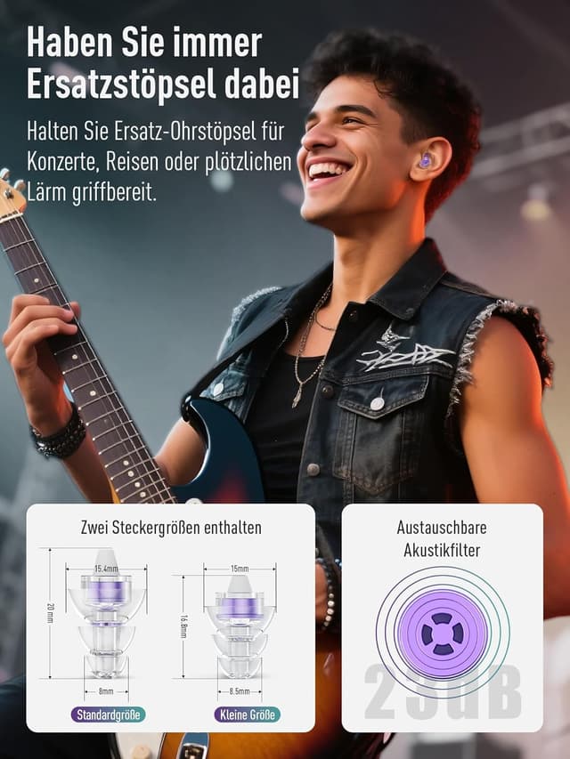 Detalle de Hearprotek Music – 2 Paar Gehörschutz-Ohrstöpsel aus Silikon mit Kordel (violett) für Musiker, Festival & Arbeit