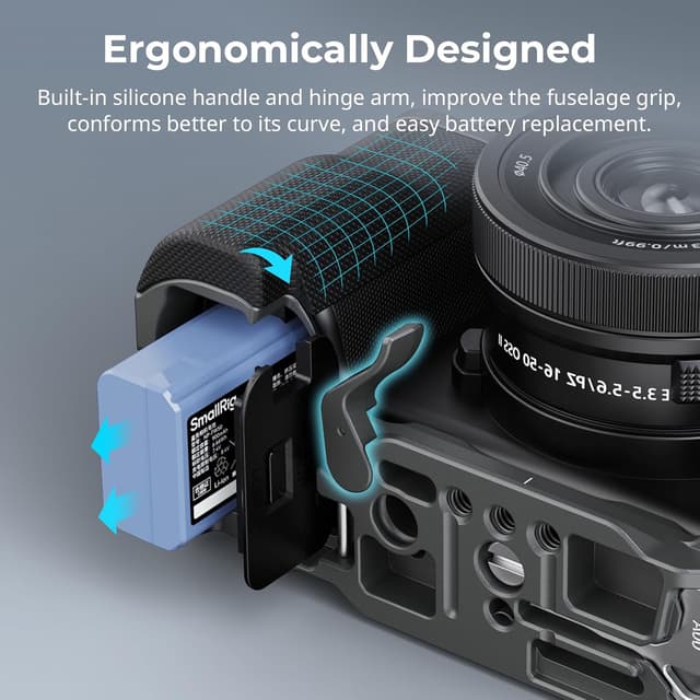 Detalle de SMALLRIG ZV-E10 II HawkLock Schnellwechselkäfig-Kit (4949) mit HDMI-Kabelklemme und Silikongriff