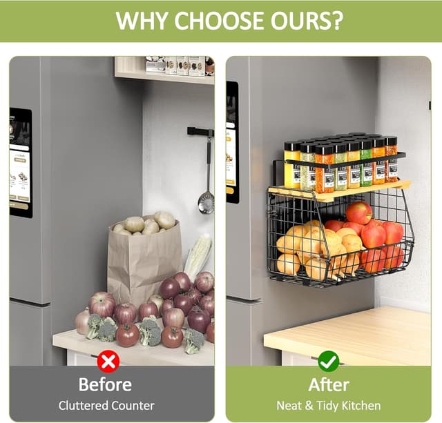 Detalle de GGIU Magnetic Shelf for Fridge with Wood Lid (2-Pack) – Fruit, Potato & Onion Storage Bin