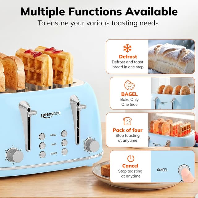 Detalle de Keenstone 4-Slice Retro Stainless Steel Toaster with Dual Independent Controls (Wide Slots, Blue)