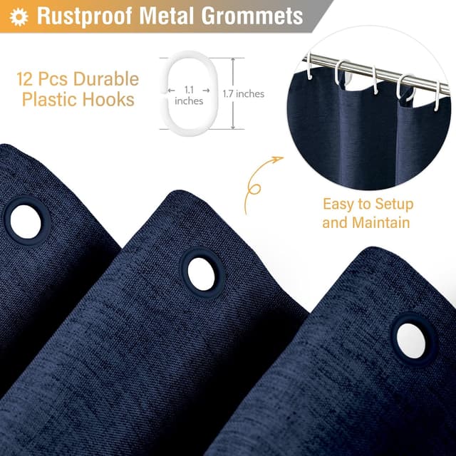 Detalle de BTTN Navy Blue Linen-Textured Heavy-Duty Waterproof Shower Curtain Set (72x72) with 12 Plastic Hooks
