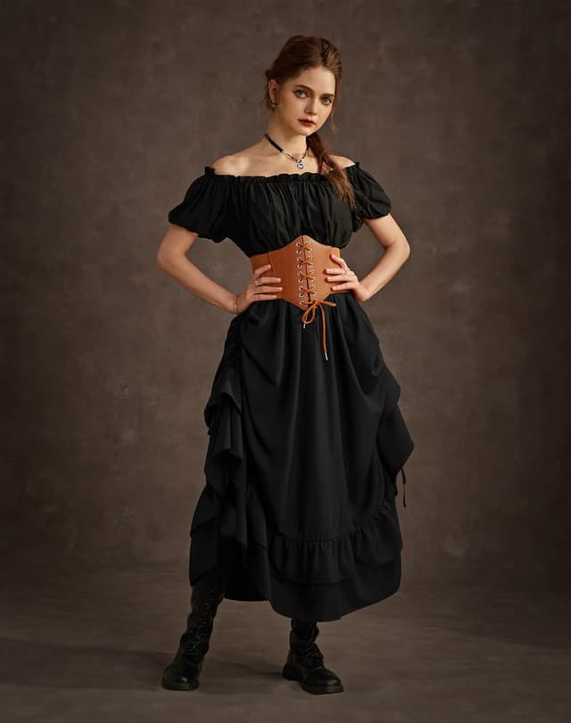 Detalle de SCARLET DARKNESS Jupe longue médiévale seampunk à taille haute, double couche à volants (noir) – L