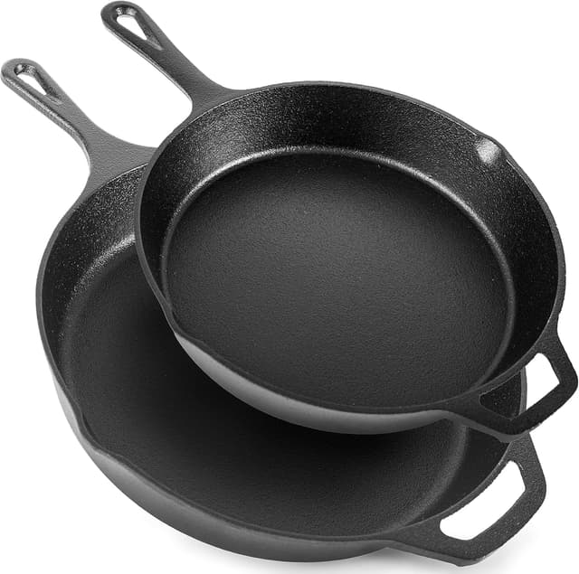 Detalle de NUOVVA 2pcs Cast Iron Skillet Set (pre-seasoned) – 10 inch 25cm & 12 inch 30cm oven-safe frying pans
