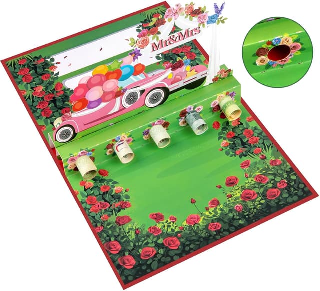 Detalle de Money Holders Pop-Up Wedding Car Greeting Card with Cash Slot, Blank Note Cards & Envelopes
