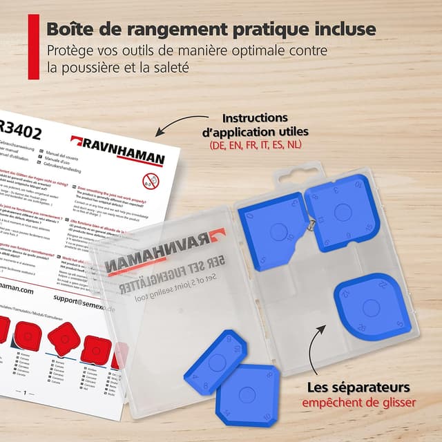 Detalle 2 de RAVN HAMAN Set de 5 lissoirs à joints bleu (acrylique et silicone) avec 23 formes – outils de calfeutrage
