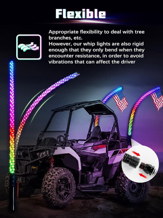 Detalle 2 de UNI-SHINE 2PCS 3FT LED Whip Lights w/ Spring Base, APP & RF Remote Control (RGB Chasing) for 12V UTV/ATV/RZR