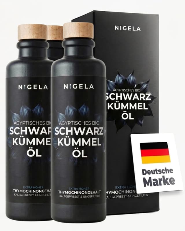 Detalle de Nigela BIO Schwarzkümmelöl ungefiltert – kaltgepresst in lichtgeschützter Keramikflasche, 3 x 200 ml