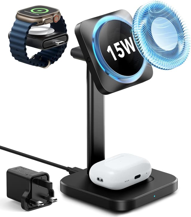 Detalle de ESR 3-in-1 Wireless Charging Station with CryoBoost for iPhone, Apple Watch & AirPods (Certified) – Black