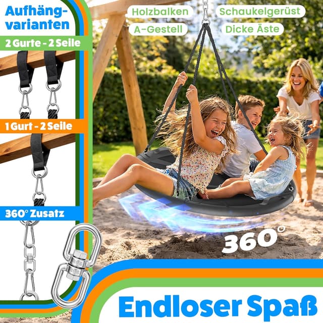 Detalle 2 de ELONEO Nestschaukel Outdoor & Indoor (Ø 90 cm) – höhenverstellbare Tellerschaukel bis 200 kg mit Kissen & Zubehör-Set