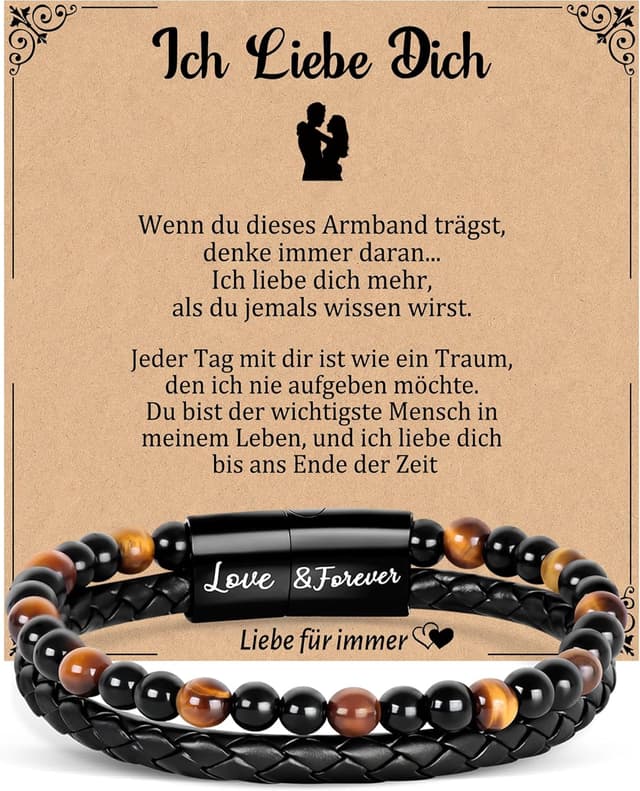 Detalle de Focxoio Herrenarmband mit Tigerauge-Perlen und Leder, magnetischer Edelstahlverschluss – Geschenk für Papa, Sohn, Bruder & mehr