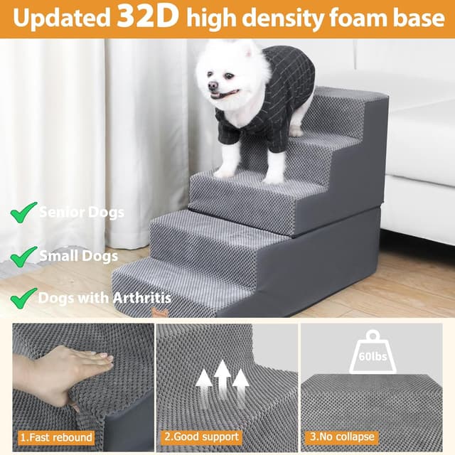 Detalle de Nepfaivy Dog Steps Stairs for Bed (5 Steps) – Non-Slip Pet Stairs for Small Dogs & Cats, 76x40x56cm