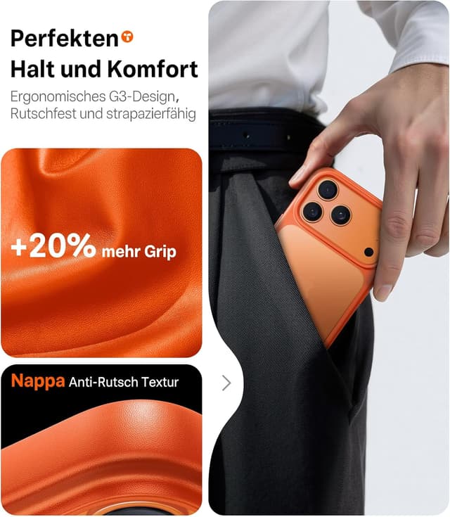 Detalle de TORRAS Guardian für iPhone 17 Pro Hülle mit Kameraknopf – stoßfest, kratzfest, orange