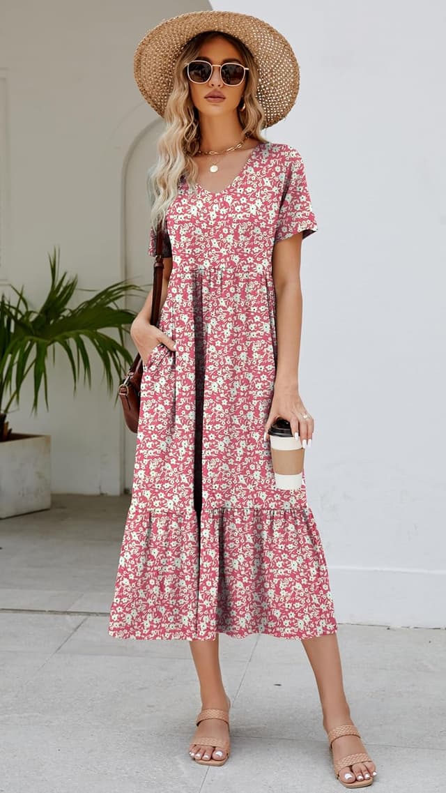 Detalle de Women's 2026 Summer Short Sleeve V-Neck Swing Dress with Tiered Maxi Skirt and Pockets