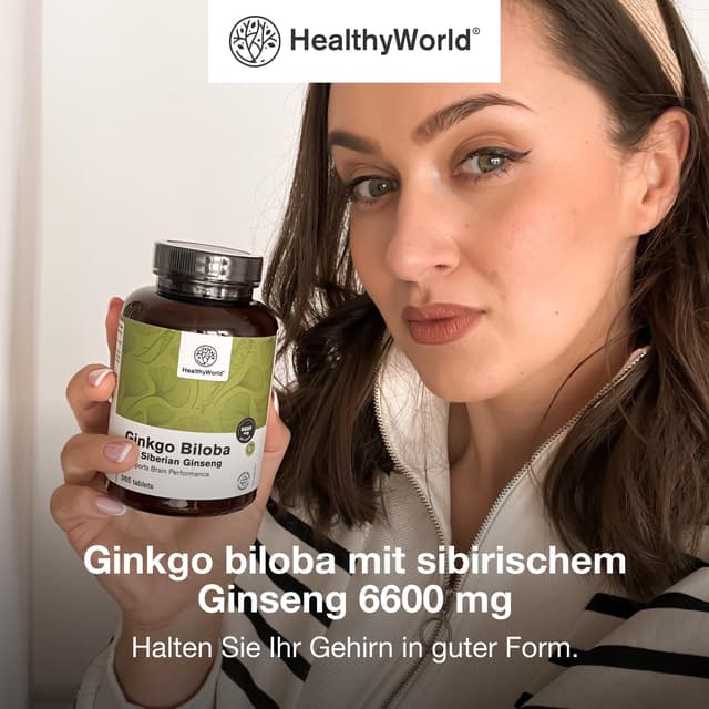 Detalle 2 de HealthyWorld Ginkgo Biloba mit sibirischem Ginseng (6.600 mg) – 365 Tabletten für die tägliche kognitive Unterstützung
