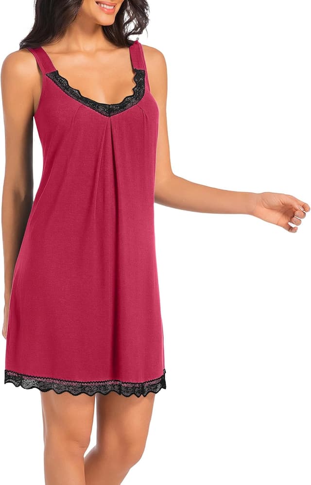 Detalle 2 de SHCNSJC Damen-Nachthemd mit Spitze aus Modal/Elasthan – ärmellos, kurz