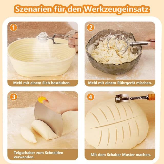 Detalle de TECHMUR Brotgärkorb-Set aus Silikon (23 cm rund & 25 cm oval) inkl. Teigschaber & Rostmesser