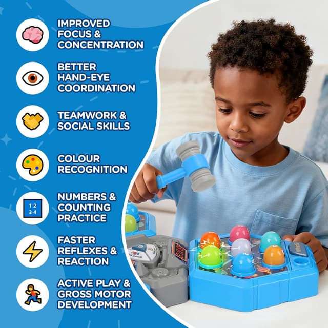 Detalle de Guffawz 3-Player Whack Game Toy Mole with Lights & Sounds (3 modes, 7 speeds, LED scoreboard)