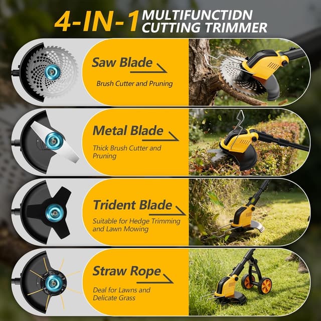 Detalle de 12" Cordless Strimmer with 21V Brushless Motor, 2×3.0Ah Batteries and Charger (4-in-1, Detachable Wheels)