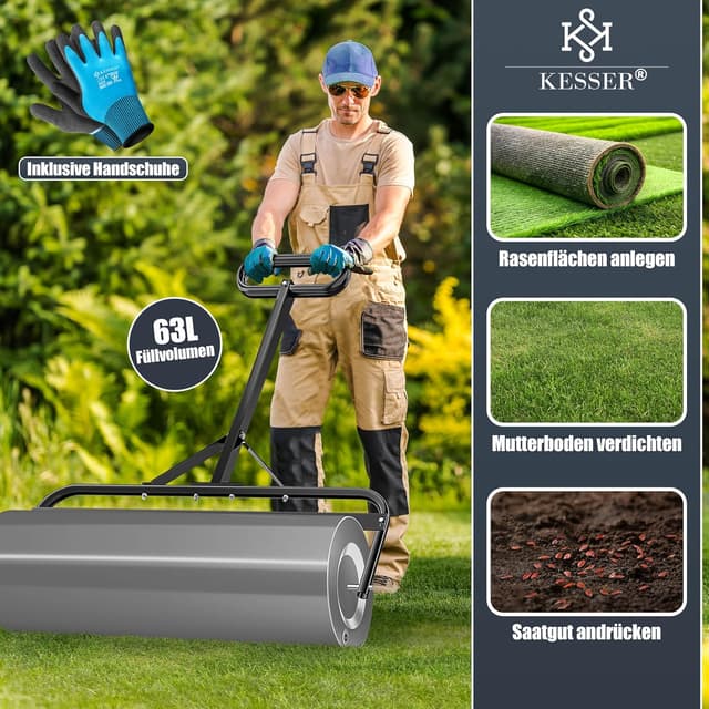 Detalle 2 de KESSER® Rasenwalze Metall, befüllbar mit Wasser oder Sand (63 Liter) – 99 cm Arbeitsbreite, inkl. Handschuhe